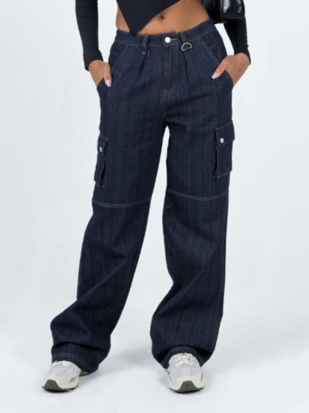 Princess Polly Paige Mid Rise Baggy Cargo Jeans Dark Wash Denim Size 6 Utility